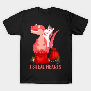 I Steal Hearts Unicorn Riding T rex Dinosaur Valentines Day T-Shirt